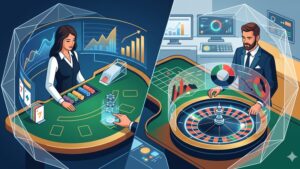 Иллюстрация с элементами рулетки и блэкджека для статьи об управлении вероятностями в казино