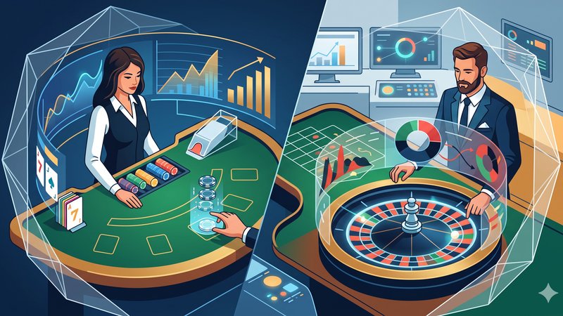 Иллюстрация с элементами рулетки и блэкджека для статьи об управлении вероятностями в казино