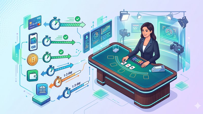 Иллюстрация способов оплаты и времени обработки транзакций в онлайн-казино с живыми дилерами